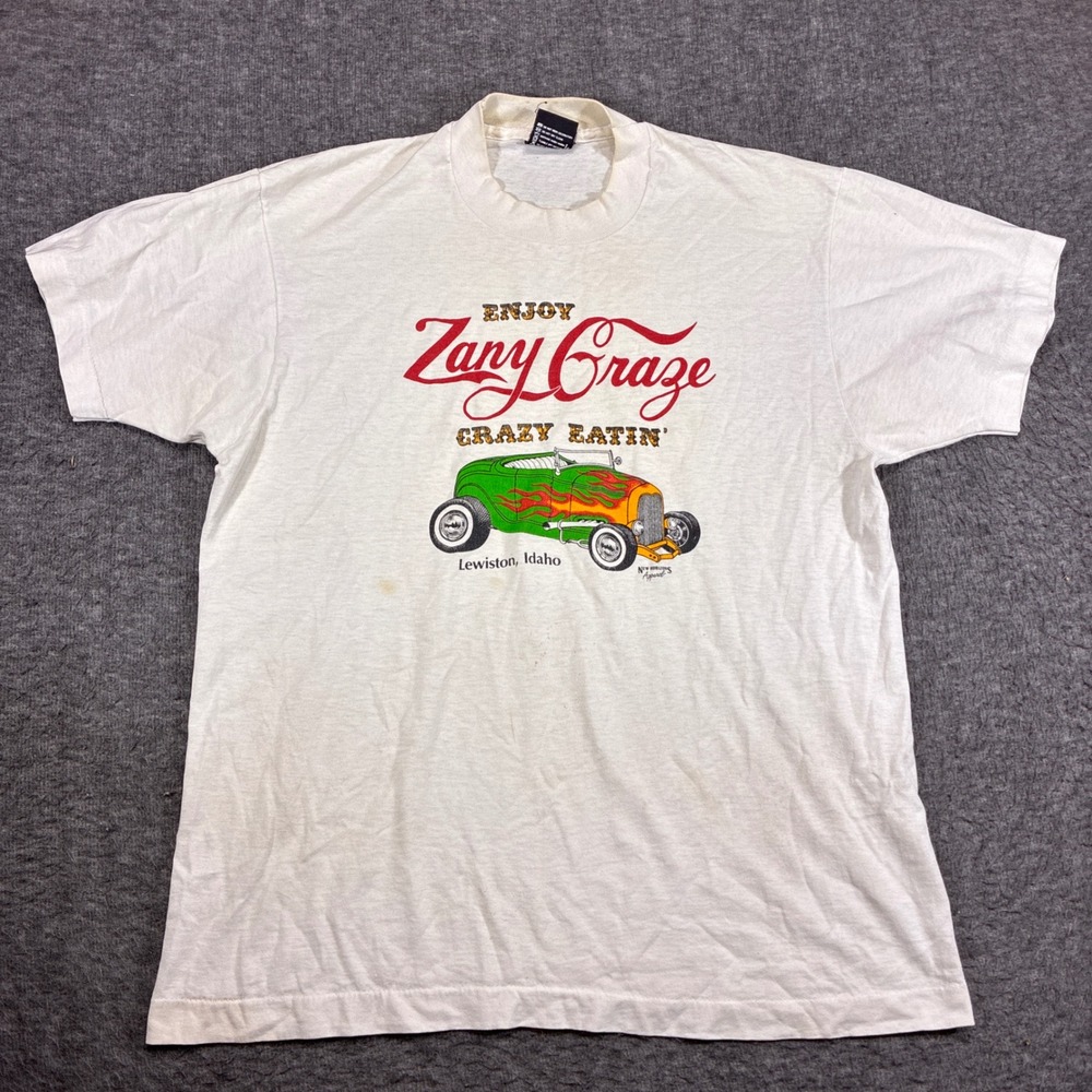 Screen Stars Best Vintage Hot Rod Single Stitch Shirt Men Large White Zany Craze